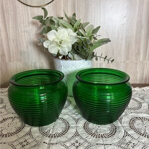National Pottery Green Ribbed Beehive Pattern Glass Vase Duo Vintage Mid Century
